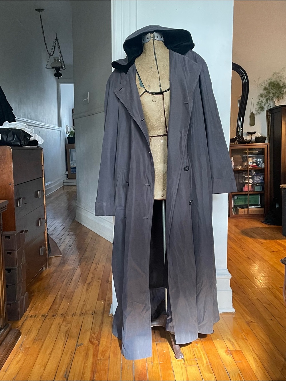Vintage Hooded Long Coat - Dark Gray